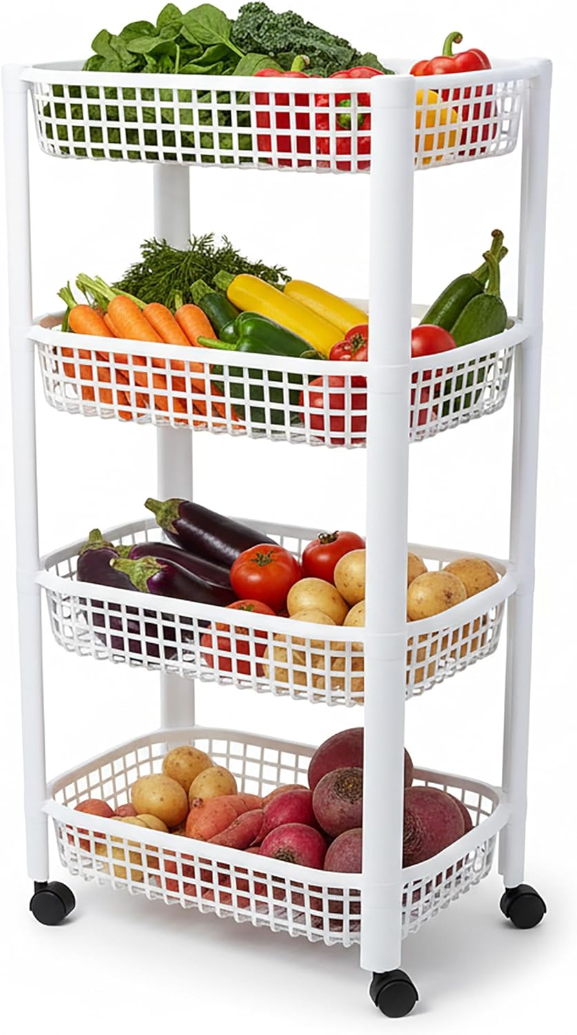 Spetebo Küchenwagen auf Rollen mit 4 Korb Ablagen 79 x 46 cm Made in EU - weiss - Kunststoff Rollwag