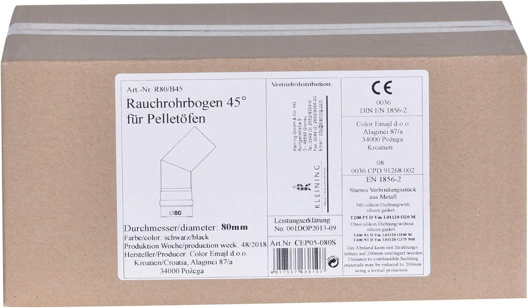 FIREFIX R80/B45 Pelletofenrohr-Bogen aus 1,2 mm starken Stahl in 80 mm Durchmesser, für Pelletöfen u