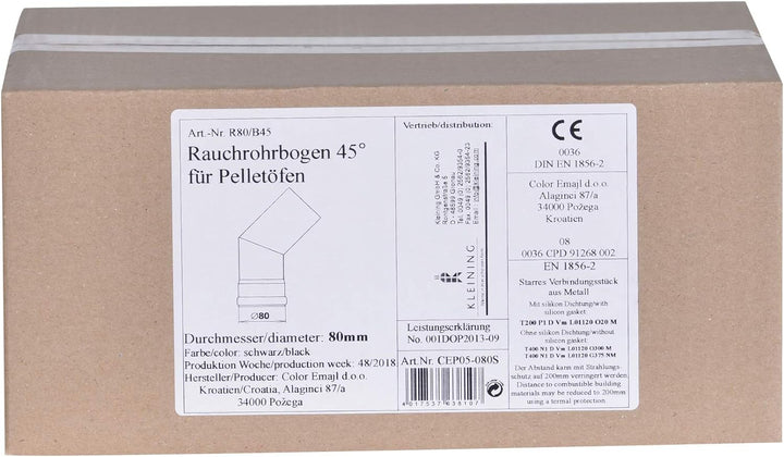 FIREFIX R80/B45 Pelletofenrohr-Bogen aus 1,2 mm starken Stahl in 80 mm Durchmesser, für Pelletöfen u