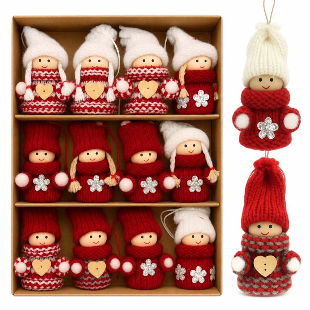 MIJOMA 12er Set Weihnachtswichtel – Handgemachter Baumschmuck aus Holz &amp; Stoff – Deko-Wichtel für Ta