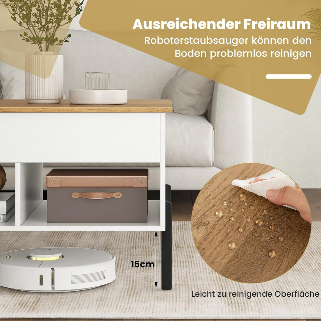 COSTWAY Couchtisch Höhenverstellbar, Beistelltisch mit anhebbarer Tischplatte &amp; 3 offenen Fächern, W