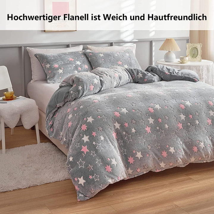 Freyamy Flanell Bettwäsche 135x200cm 2teilig Rosa Grau Sterne Leuchtend im Dunkeln Kinder Winterbett