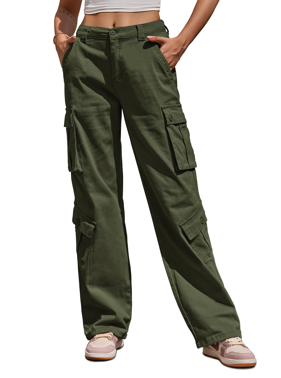 Cargohose Damen Baggy Y2K Multi Taschen High Waist Stretch Wanderhose Sport Jogginghose mit Elastisc
