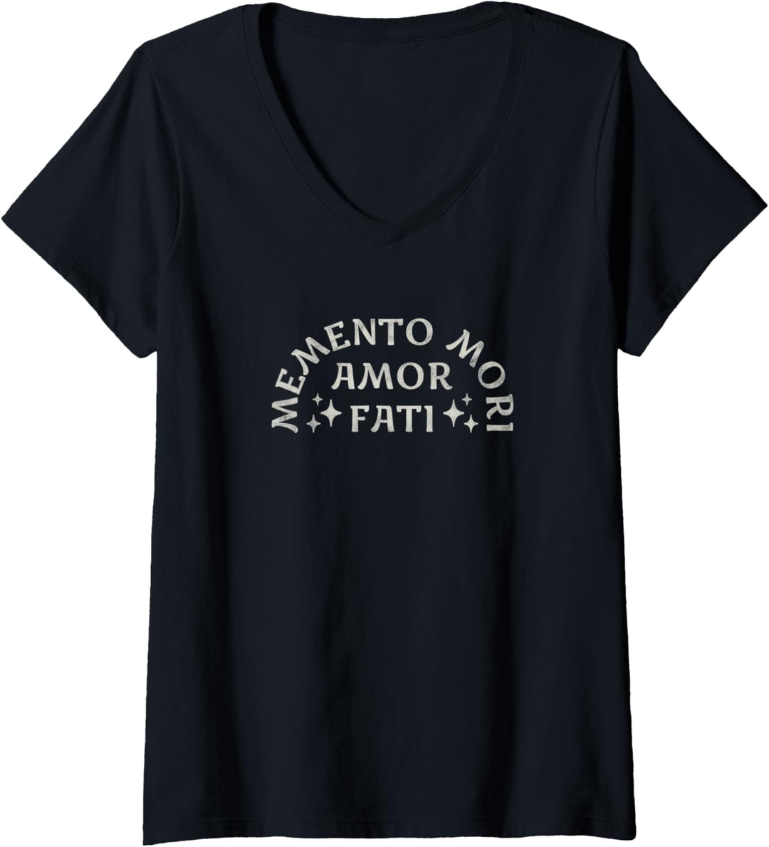 Damen Stoisches Zitat | Amor Fati | Memento Mori | Sterne Grafik T-Shirt mit V-Ausschnitt