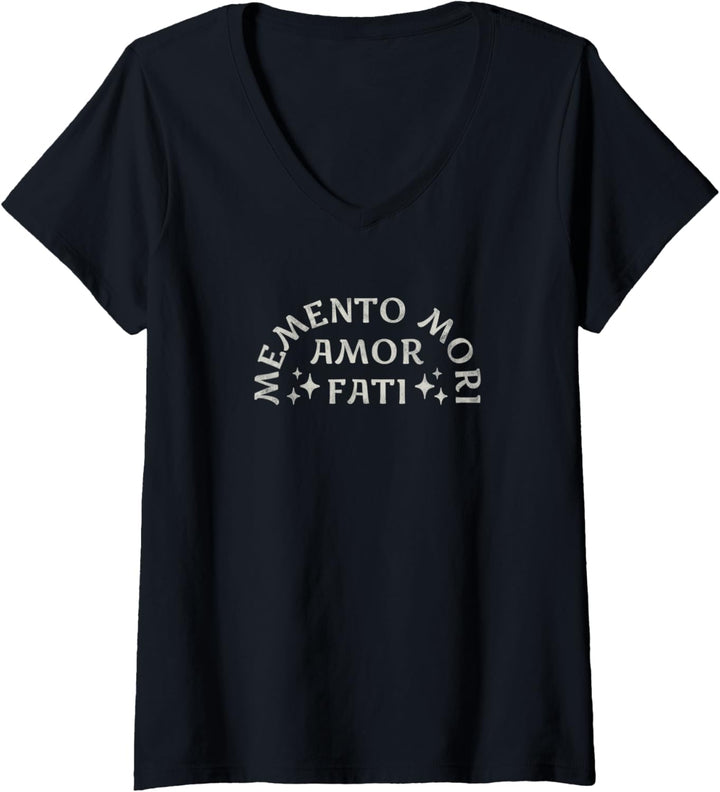 Damen Stoisches Zitat | Amor Fati | Memento Mori | Sterne Grafik T-Shirt mit V-Ausschnitt