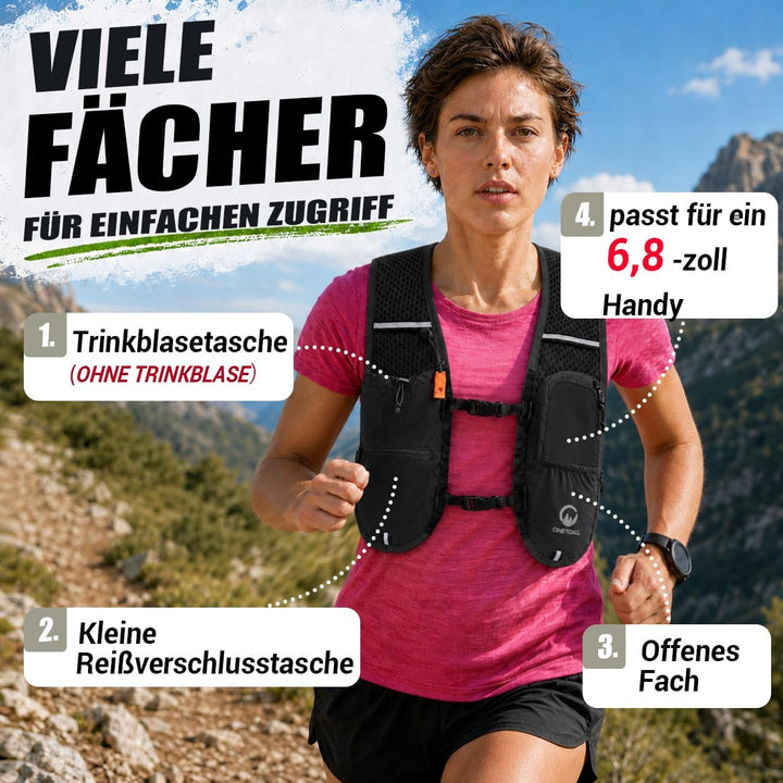 Laufweste Damen mit 500ml Trinkflasche/2L Trinkblase, Leichter Trinkrucksack Laufen Herren 6L, Runin
