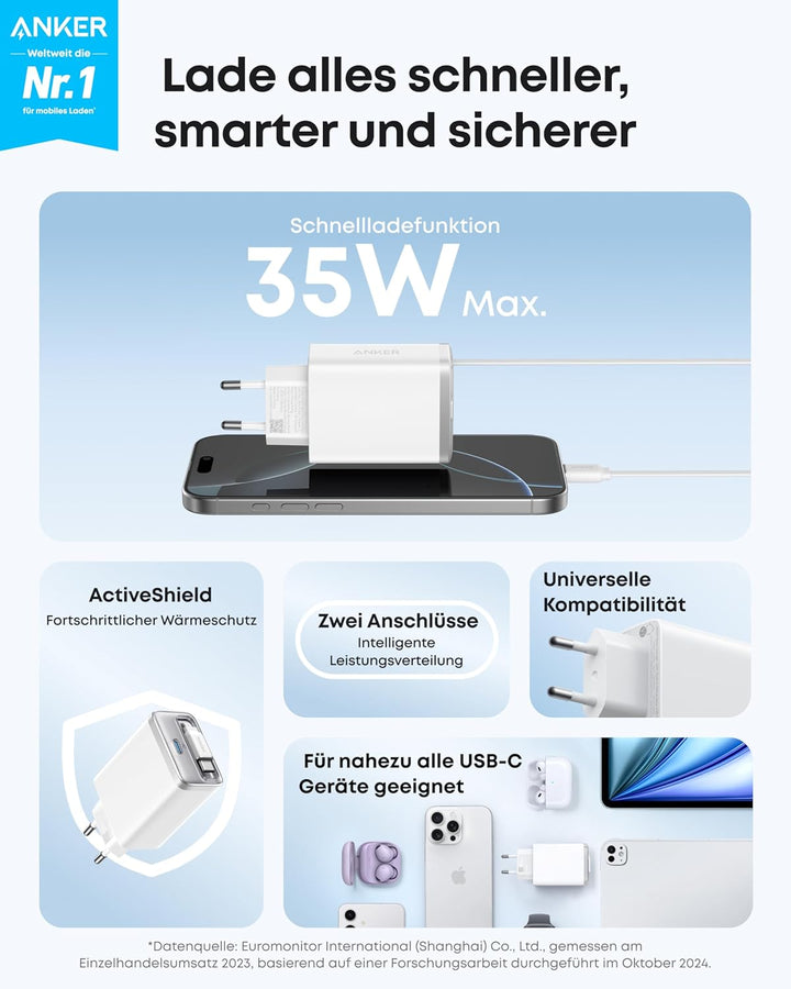 Anker Nano 35W USB C Ladegerät, kompaktes 2 Anschlüsse, InstaCord Kabel weiss 1, weiss 1