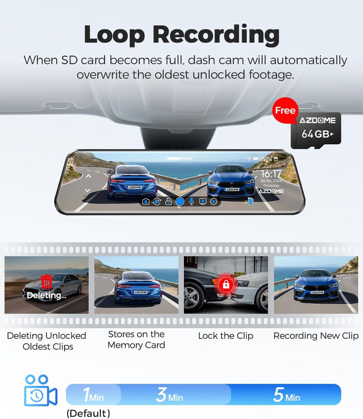 AZDOME 11.8" Spiegel Dashcam mit Rückfahrkamera & GPS, Super Nachtsicht, Loop-Aufnahme, G-Sensor, Ei