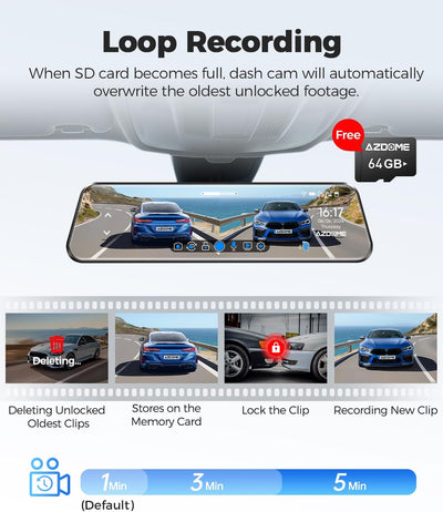 AZDOME 11.8" Spiegel Dashcam mit Rückfahrkamera & GPS, Super Nachtsicht, Loop-Aufnahme, G-Sensor, Ei