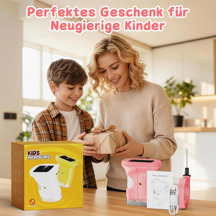 Tragbares Mikroskop für Kinder, 1000x Digitales Handmikroskop Kinder mit 2,4 Zoll IPS Bildschirm, Fo