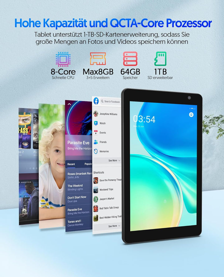 BAKEN 7 Zoll Tablet, Android 14 Tablet with 8GB RAM+64GB ROM 1 TB Erweiterung, Qcta Core Prozessor T