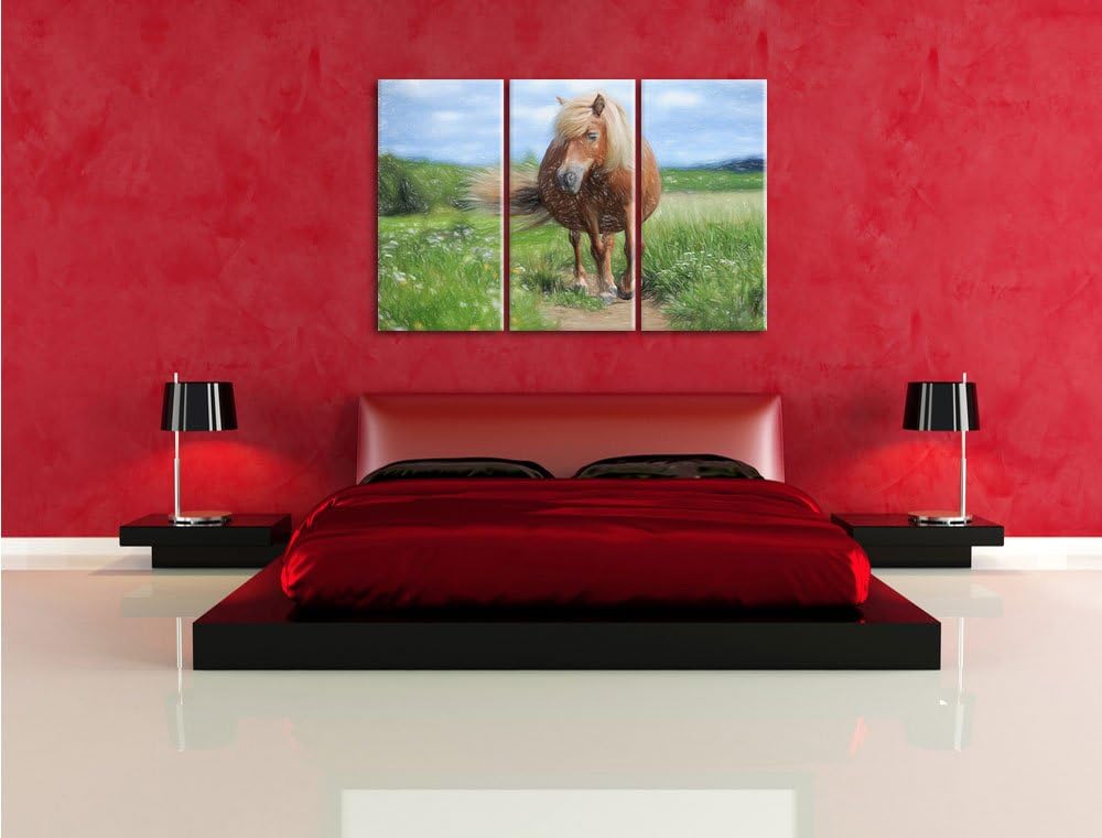 Pixxprint Shetlandpony auf der Wiese Kunst Buntstift Effekt 3-Teiler Leinwandbild 120x80 Bild auf Le