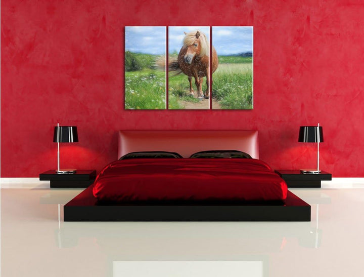 Pixxprint Shetlandpony auf der Wiese Kunst Buntstift Effekt 3-Teiler Leinwandbild 120x80 Bild auf Le