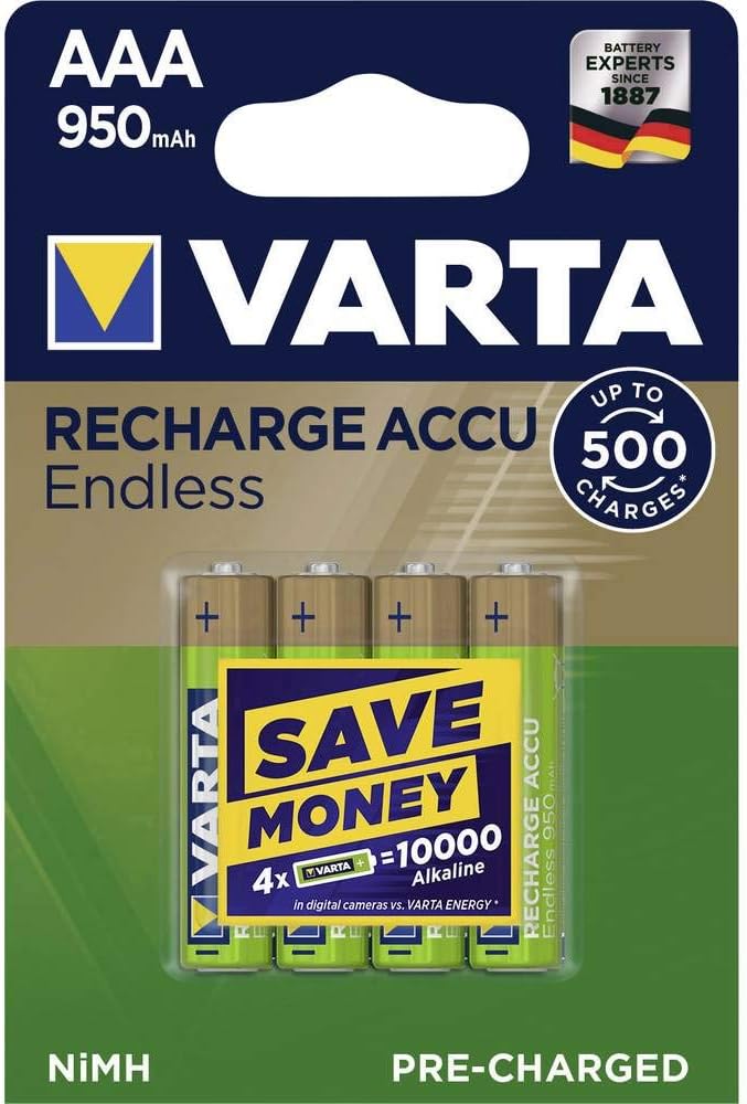VARTA Recharge Accu Endless Energy AAA Micro Ni-Mh Akku 4er Pack 950 mAh - bis zu 500 Ladezyklen, ge