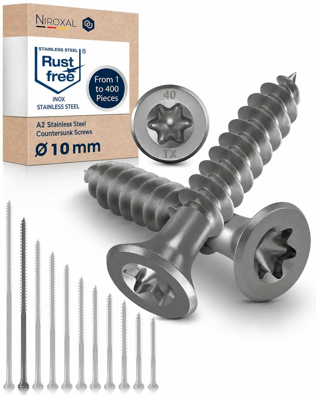Edelstahl Holzschrauben V2A A2 Senkkopf Torx TX40 – Teilgewinde – 10x240 mm – 10 Stück – Universalsc