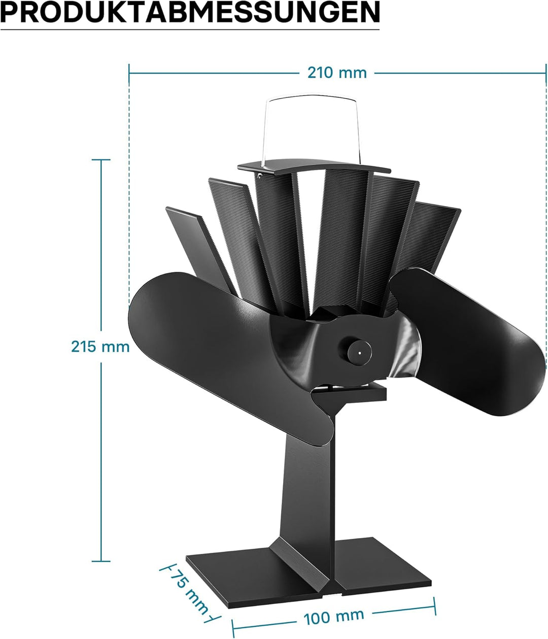 Wiltec Kaminofenventilator mit 2 Blättern 70 bis 350°C, Ofenventilator ohne Strom, Kaminventilator f