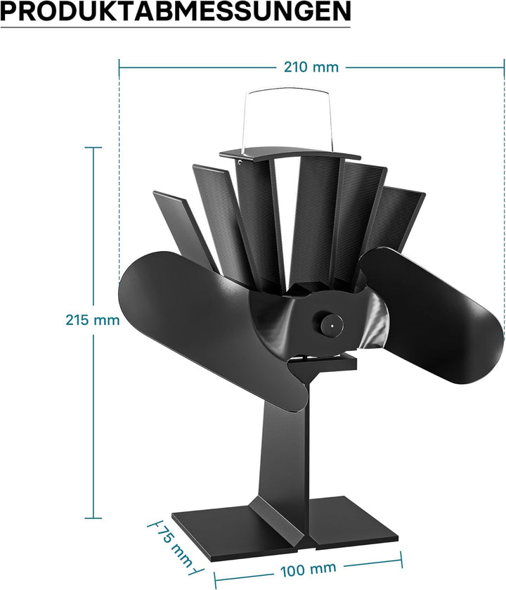 Wiltec Kaminofenventilator mit 2 Blättern 70 bis 350°C, Ofenventilator ohne Strom, Kaminventilator f