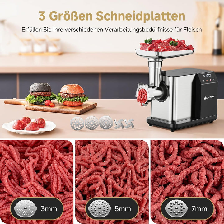 AAOBOSI Fleischwolf Elektrisch [3000W MAX] mit LED-Display,3 Geschwindigkeiten,Fleischwolf mit Anti-