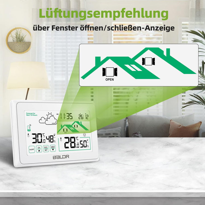 BALDR Wetterstation Funk mit Aussensensor, Digital DCF-Funkuhr mit Wettervorhersage, Lüftungsempfehl