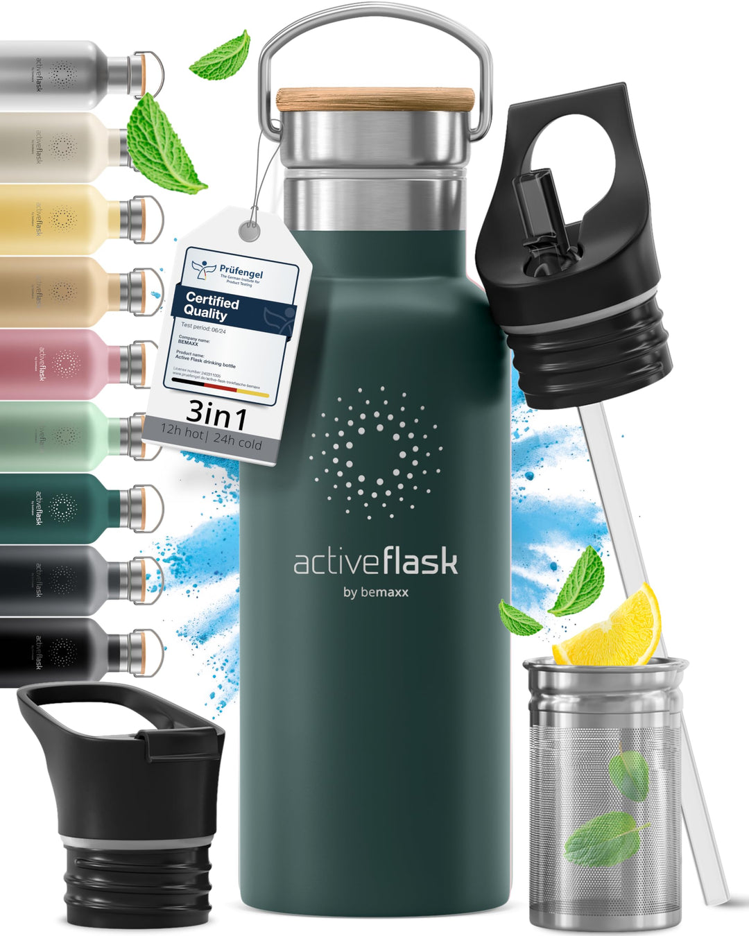 Trinkflasche Edelstahl mit Strohhalm, Infuser + 3 Deckel: BPA-frei, Auslaufsicher, Kohlensäure geeig