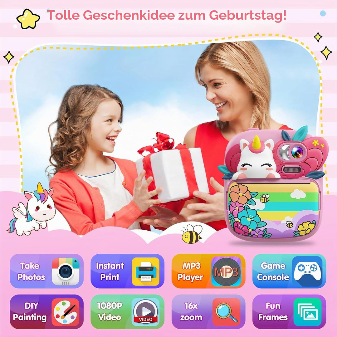 TIATUA Kinderkamera Sofortbildkamera, 1080P 2,4 Zoll Sofortbildkamera Kinder mit 32G Karte und 3 Rol