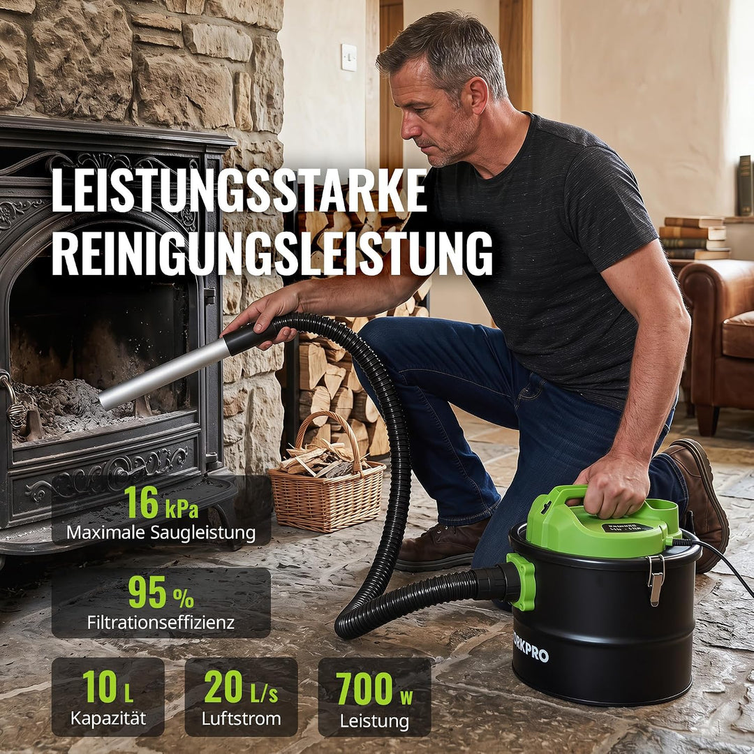 WORKPRO Aschesauger, 700W Asche Staubsauger mit 10L Metallbehälter 16kPa Saugleistung | 2-in-1 Sauge