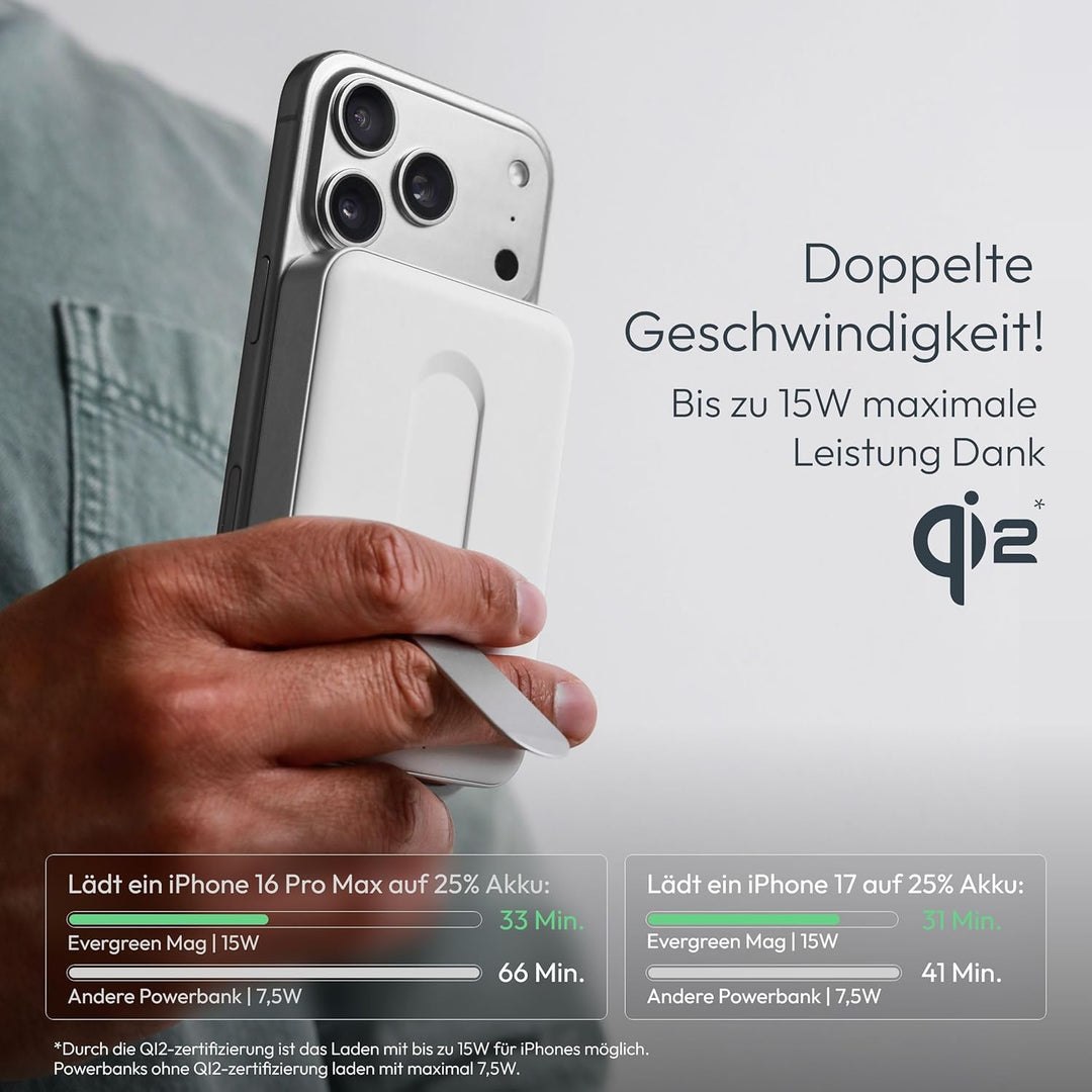 VONMÄHLEN Evergreen Mag mit Kickstand: 10.000 mAh Qi2-Powerbank kompatibel mit MagSafe – 15W kabello