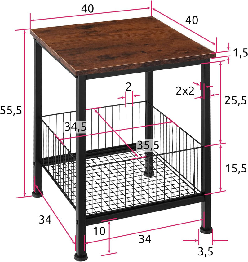 tectake Beistelltisch mit Gitterkorb, Nachttisch im Industrie-Design, 40 x 40 x 55,5 cm, 2 Ebenen, f