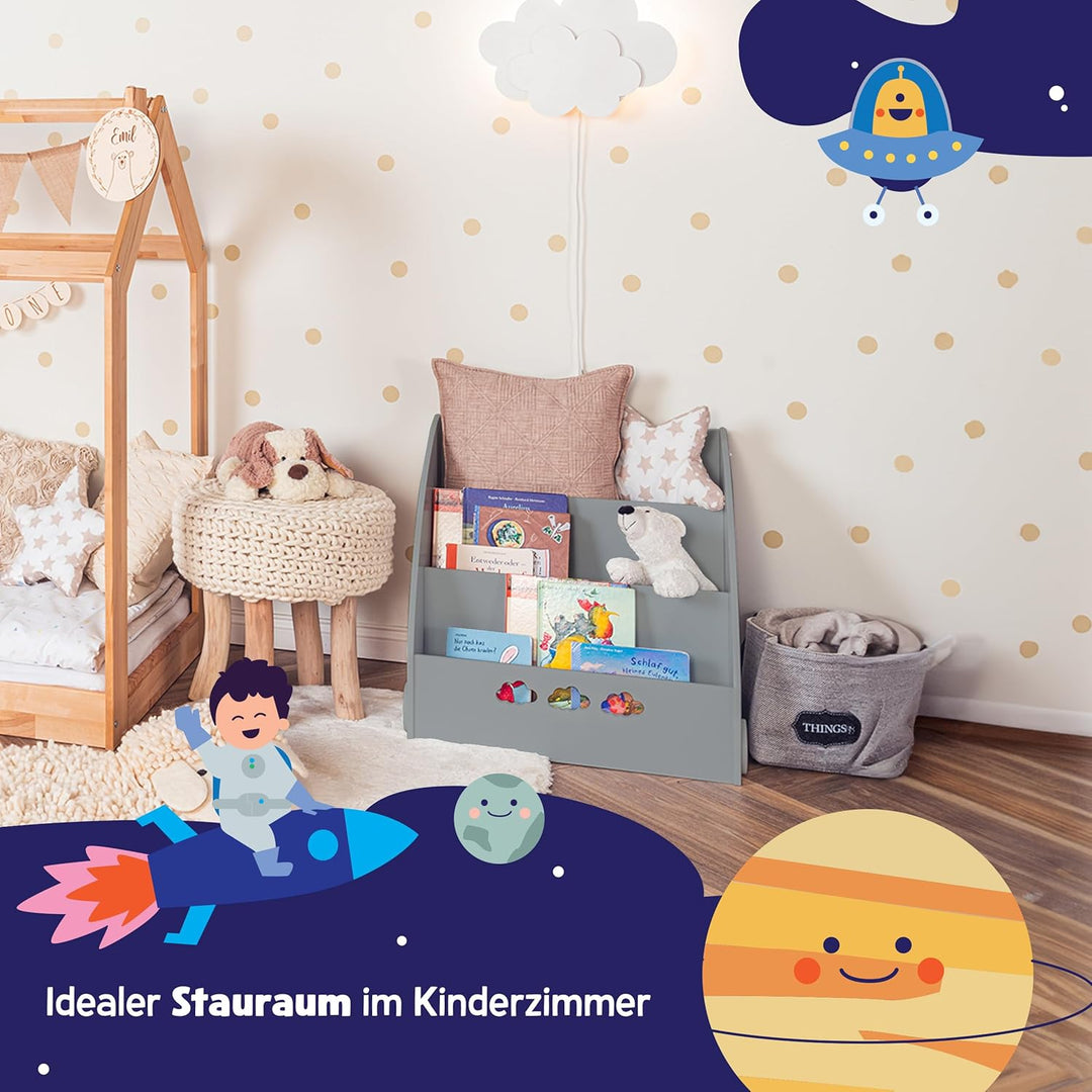 KHG Bücher-Standregal grau für Kinder mit 3 offenen Fächern, freistehendes Kinderregal für Bücher un