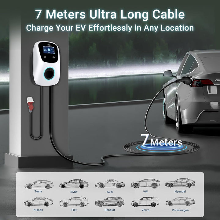 Tera Smart EV Ladegerät Typ 2 Wallbox mit APP 11kW 16A 400V CE&TÜV mit WLAN & Bluetooth 7m Ladekabel
