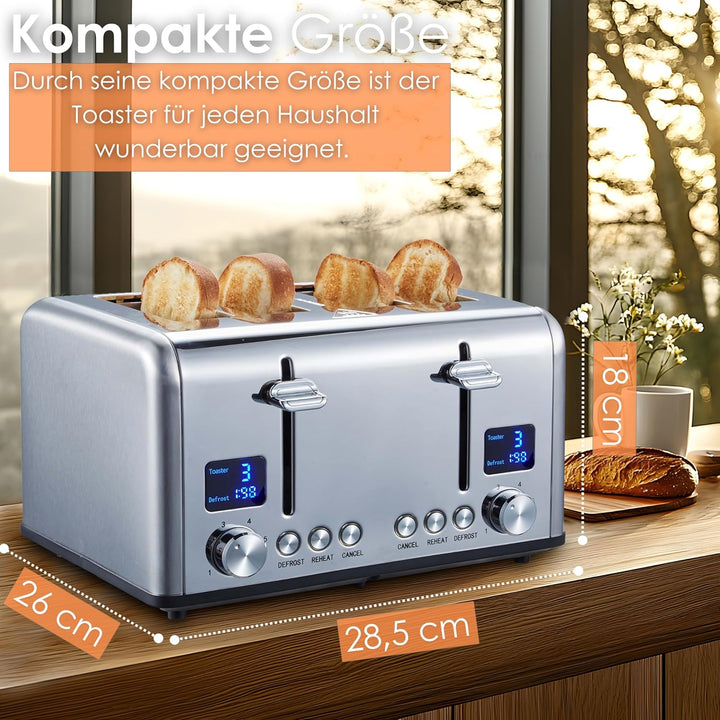 Toaster Langschlitz | Digitales Display mit Countdown | Beleuchtete Tasten | 4 Scheiben Toastautomat