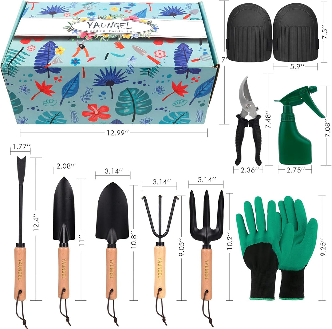 YAUNGEL Gartenwerkzeug Set, 10 Stück Schwerlast Edelstahl Gartenarbeit Kit mit Non-Slip Holzgriff- G