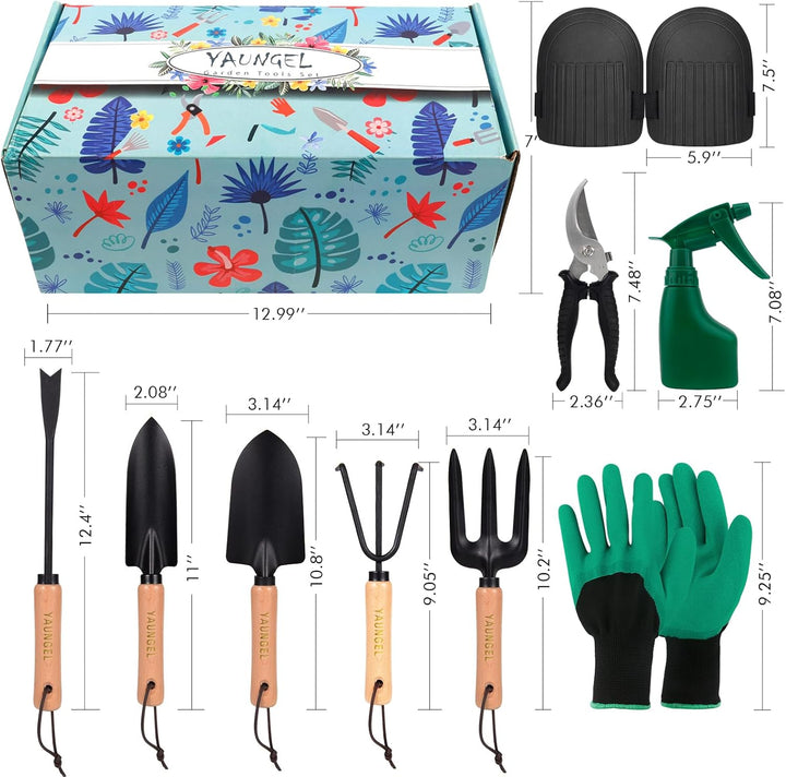 YAUNGEL Gartenwerkzeug Set, 10 Stück Schwerlast Edelstahl Gartenarbeit Kit mit Non-Slip Holzgriff- G