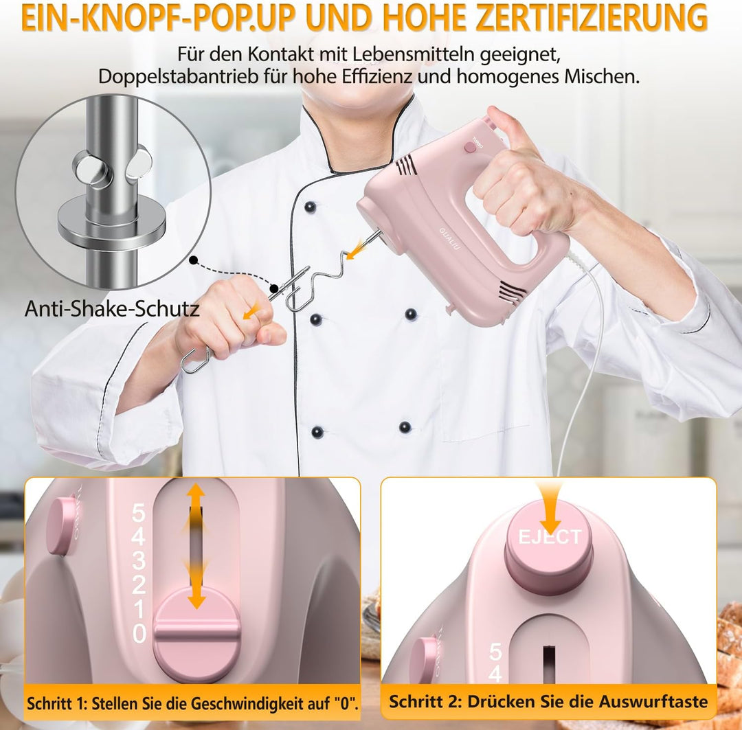 Elektrischer Handmixer mit Edelstahl Schneebesen, Knethaken, Elektrische Handrührer,Turbo Boost /5 G