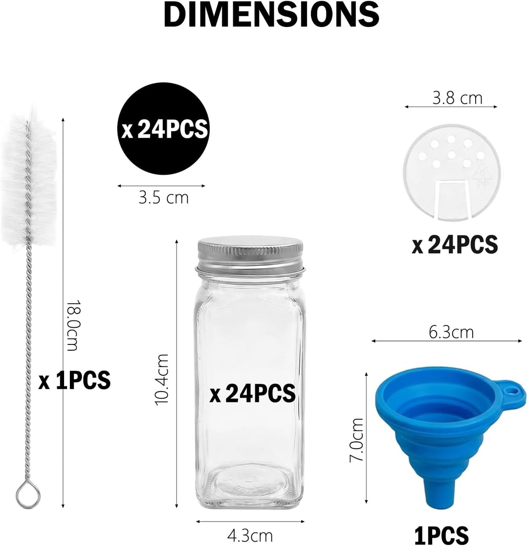 24er Set Gewürzgläser Eckig mit Streueinsatz, 120ml Gewürzgläser Leer aus Glas, Inkl. Etiketten, Tri