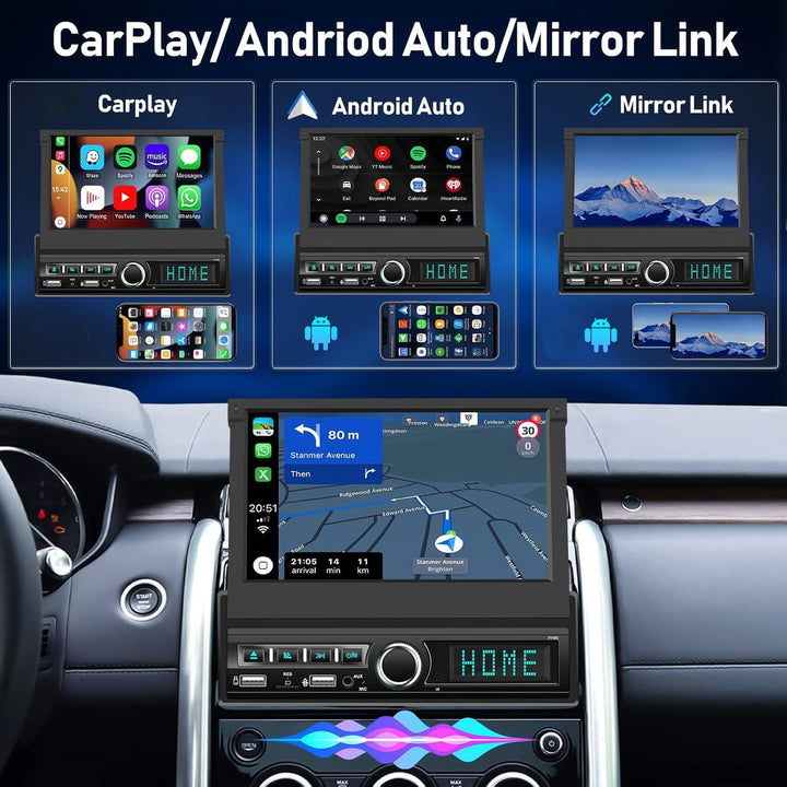CAMECHO 1 Din Carplay/Android Auto/Mirror Link Autoradio mit 7 Zoll Automatisch Ausfahrbares Touchsc