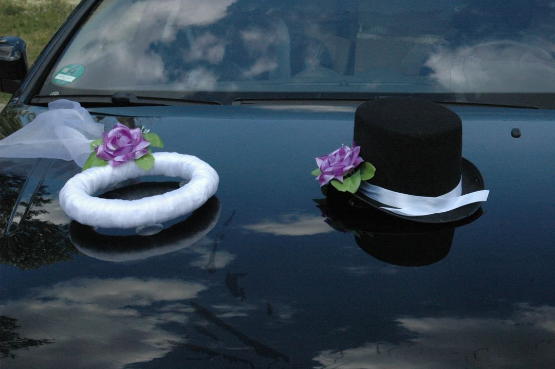 Schleier UND Hut Autoschmuck Rose Car Dekoration Hochzeit Wedding ®Auto-schmuck (Lila), Lila