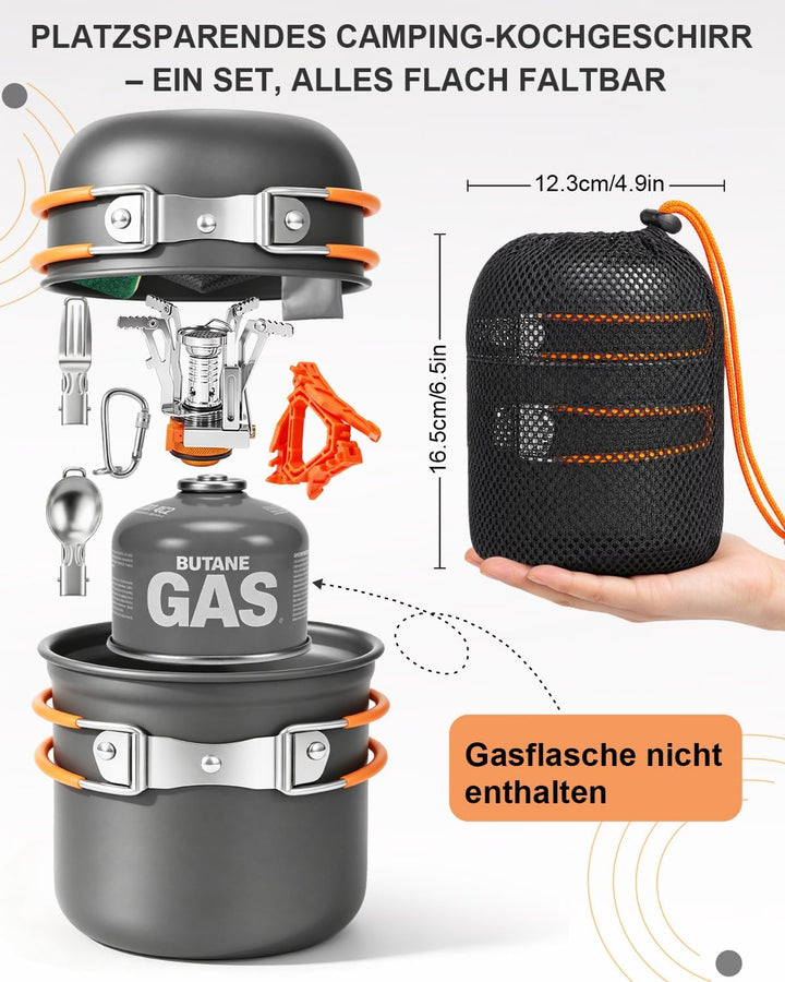 AUTOPkio Camping Geschirr Set für 1-2 Personen mit Mini Campingkocher, Faltbare Aluminium Camping Ko