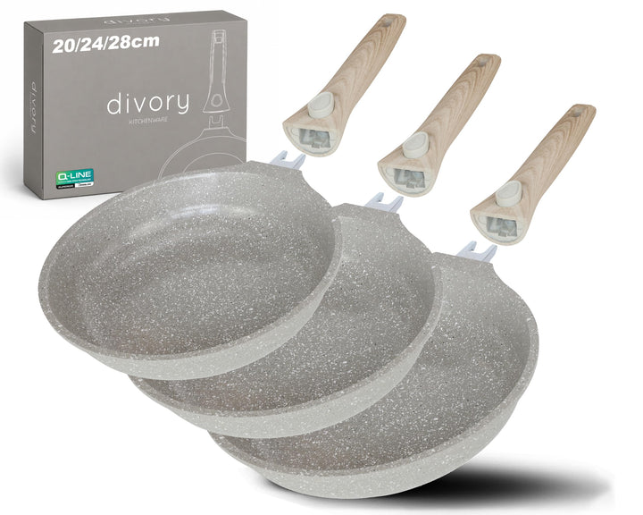 DIVORY Keramikpfannen Set 20, 24, 28 cm – Pfannen mit abnehmbarem Griff, Keramikbeschichtung, indukt