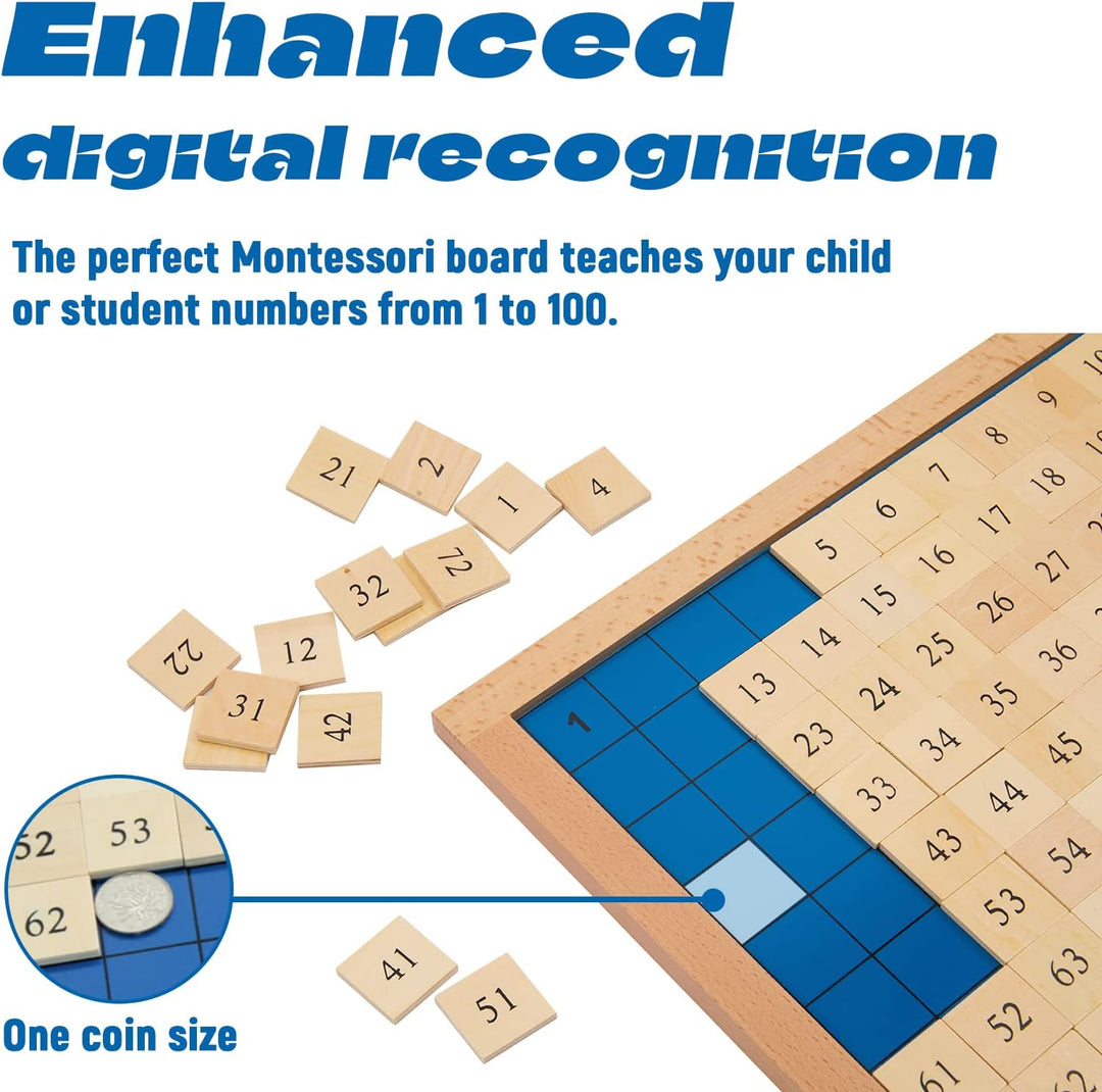 Adena Montessori Zahlenbrett 1–100 aus Holz – Mathe Lernspielzeug für Kinder ab 3 Jahren – Rechenbre