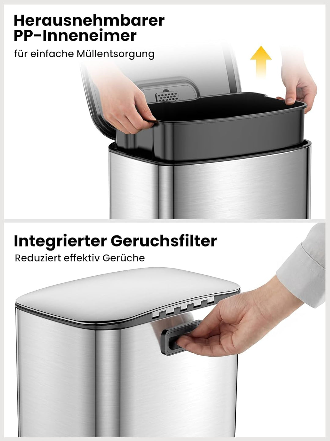 YEAUPE PRO Mülleimer Küche 50L Edelstahl, Treteimer mit Deckel Soft Close, Abfalleimer mit Herausneh