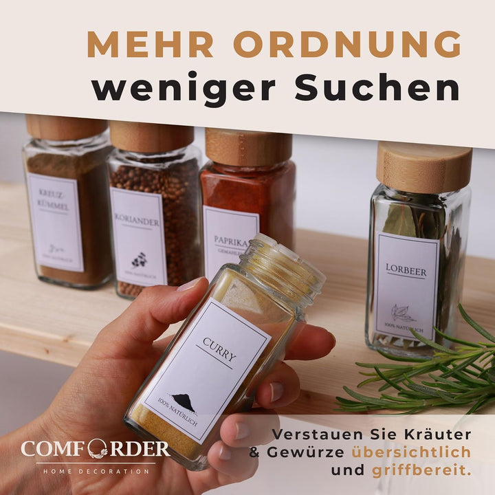 comforder Gewürzgläser Set (25 Stück), Gewürz Organizer mit Gewürzstreuer mit Etiketten + Trichter,