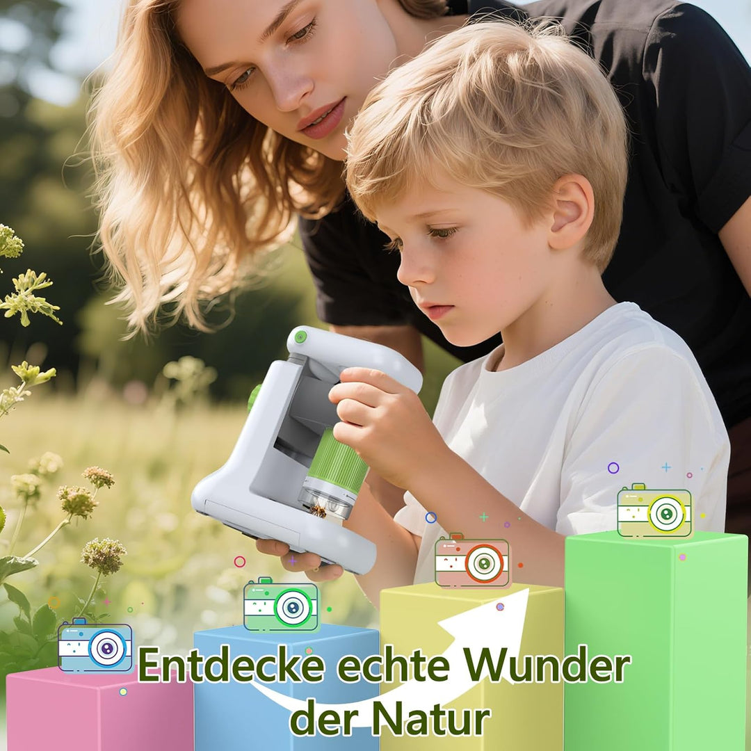Tragbares Mikroskop für Kinder mit Ständer,50X-1000X 2.0 IPS-Bildschirm Digitales Mikroskop mit 8 LE