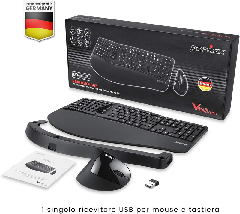 Perixx Periduo, Set, ergonomische Tastatur mit vertikaler Maus. Full-Size Wireless, Full-Size Wirele