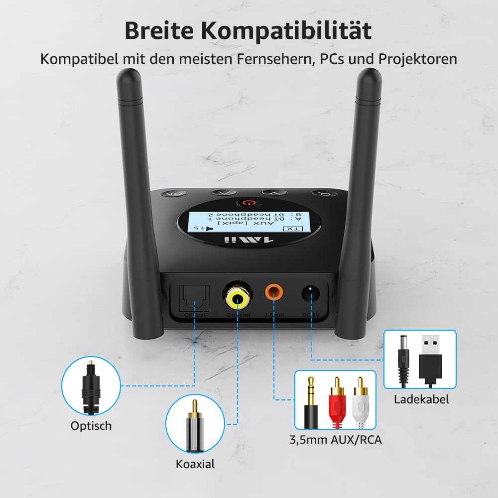 1Mii B06TX+ Bluetooth 5.0 Transmitter mit grosser Reichweite, AptX Low Latency und HD-Audio Bluetoot
