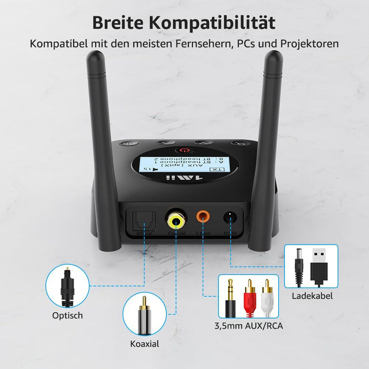 1Mii B06TX+ Bluetooth 5.3 Transmitter für TV mit Display, aptX Adaptive/HD/LL, Dual Link für 2 Kopfh