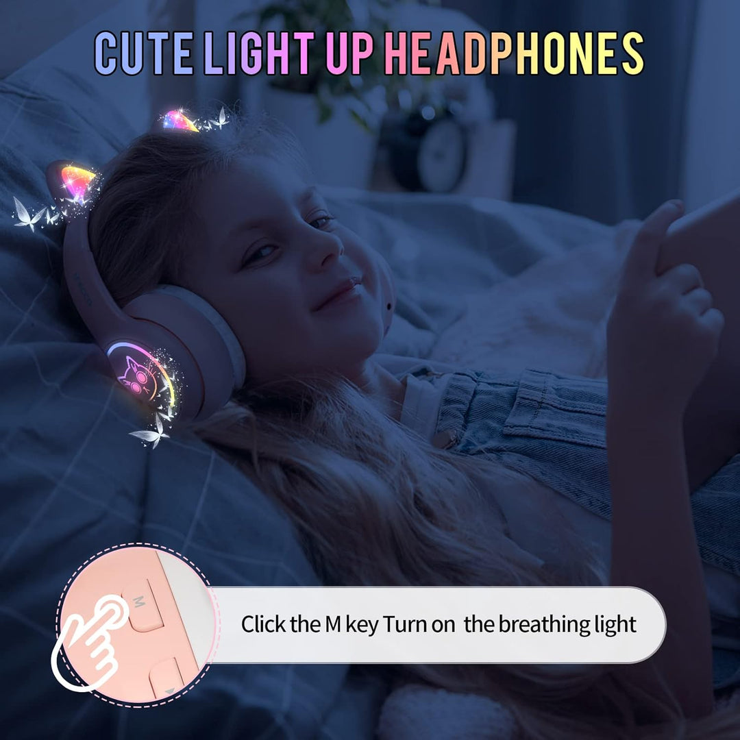 IFECCO Bluetooth Kopfhörer Kinder mit Mikrofon,Kinder Kabellos Kopfhörer mit Tasche,LED-Leuchten Kat