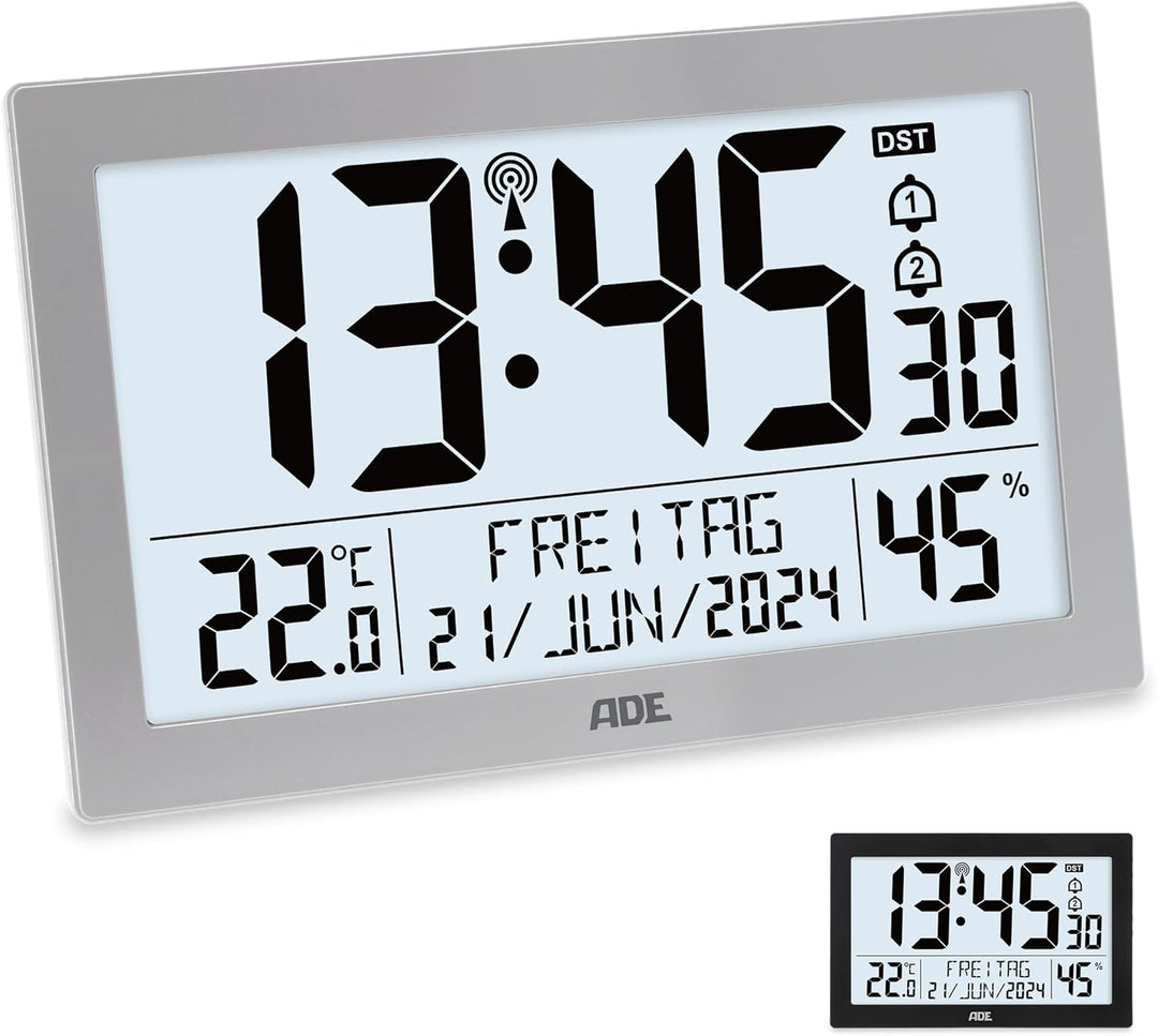 ADE Digitale Funkuhr mit grossem XL-Display | Kalender | mit Temperaturanzeige & Hygrometer | Wanduh