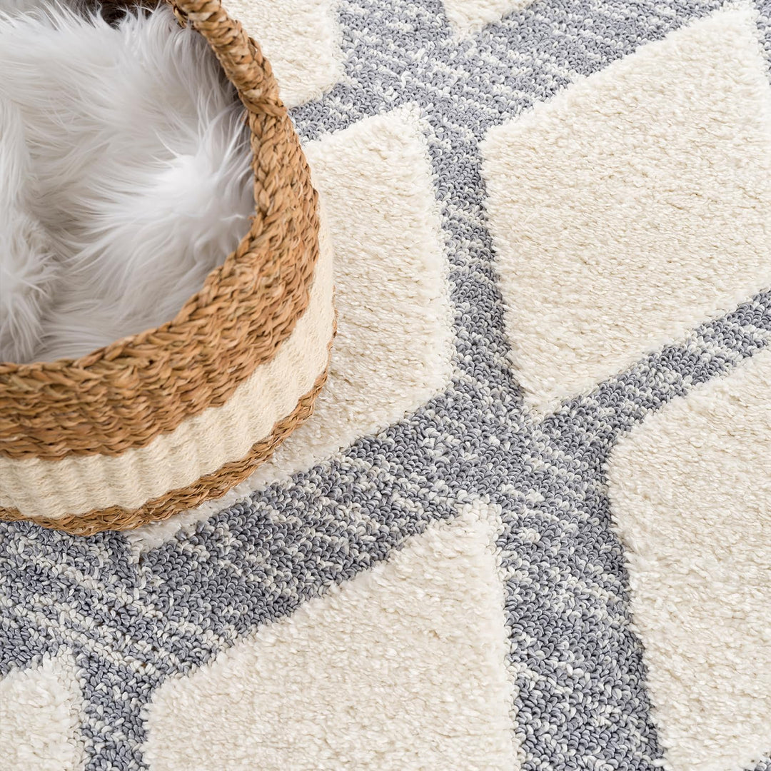 payé Teppich Wohnzimmer Hochflor - Boho - Skandinavisch - 120x170cm - Pastell Creme Grau - Raute Mus