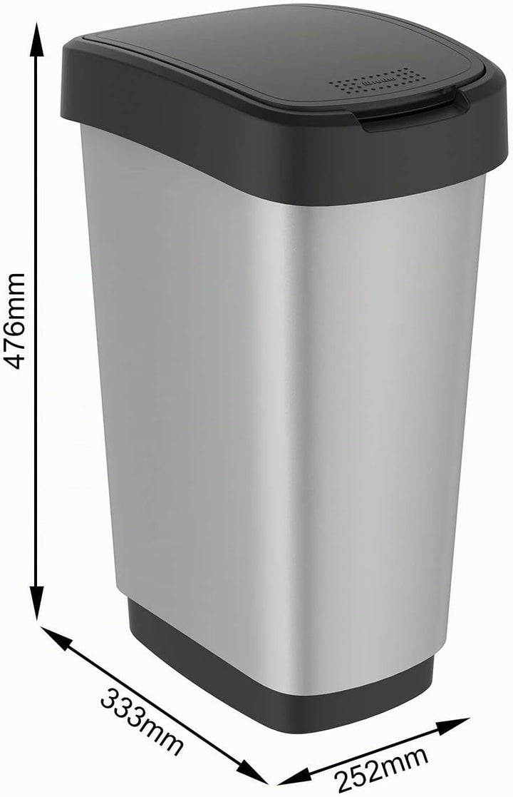 Rotho Twist Mülleimer 25l mit Deckel, Kunststoff, silber, Silber